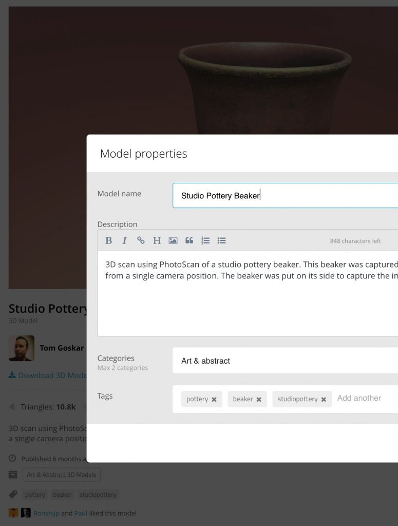 Screenshot of the metadata input Sketchfab. A web form is overlaid upon a dimmed version of the Sketchfab model page.