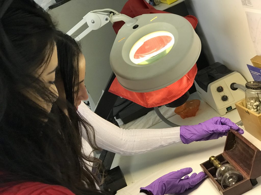 Medical students examining Victorian blood letting objects at Royal Cornwall Museum.